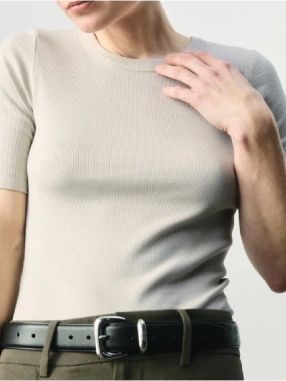 AYR The Exec Shirt M Pelican Beige Ribbed Fitted Long Sleeve Top Minimalist